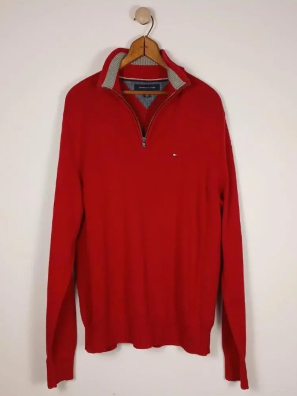Tommy Hilfiger 1/4 Zip quarter-zip Red Sweater Mens Size Large Preppy Old Money
